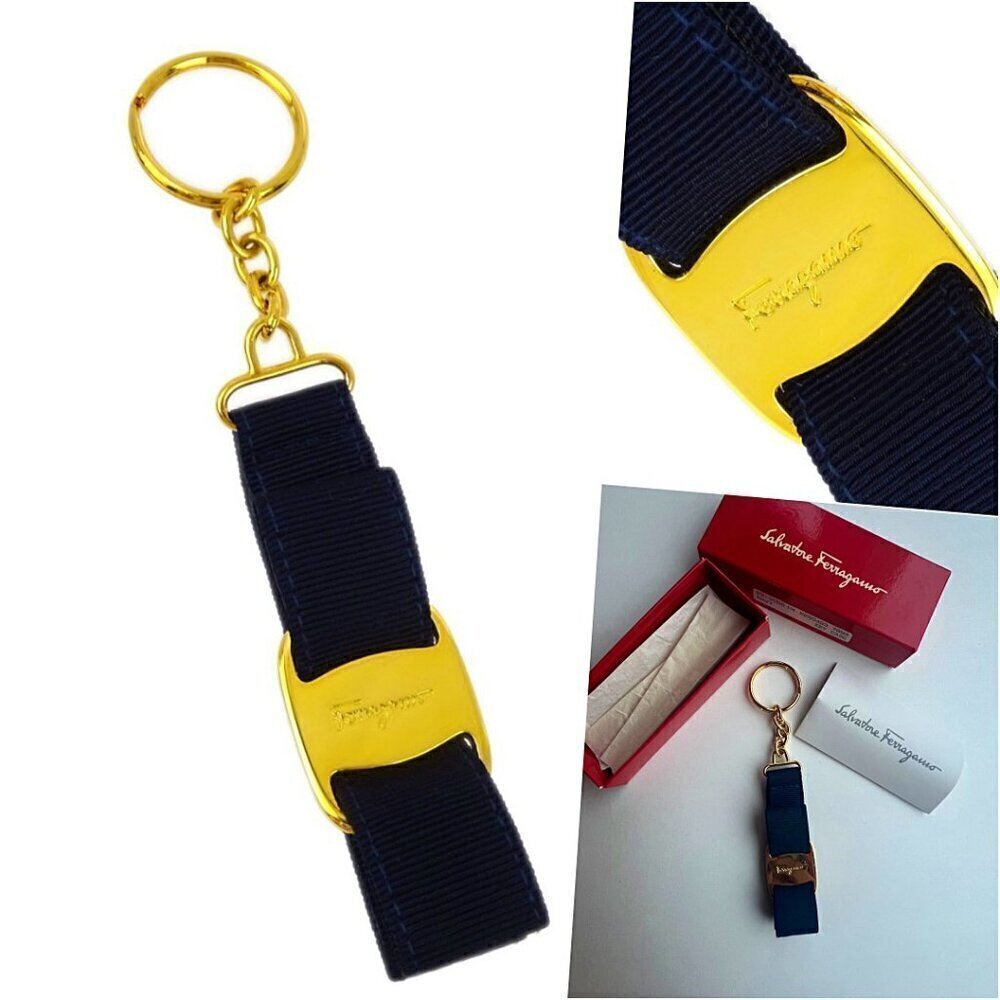 Ferragamo Timeless Vara Bow Key Chain Gift Navy Gold Logo NWOT